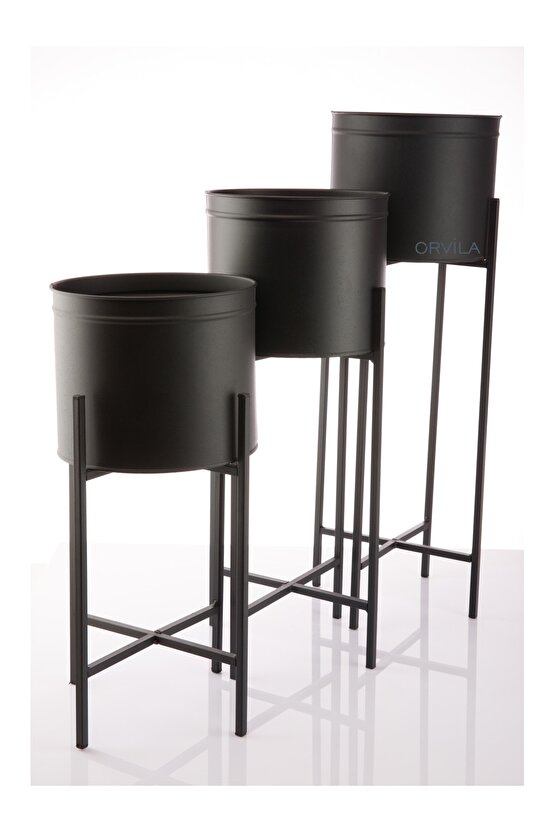 3 Boy Siyah Saksılık Dekoratif Ayaklı Metal Çiçeklik | 83cm-72cm-64cm Saksı