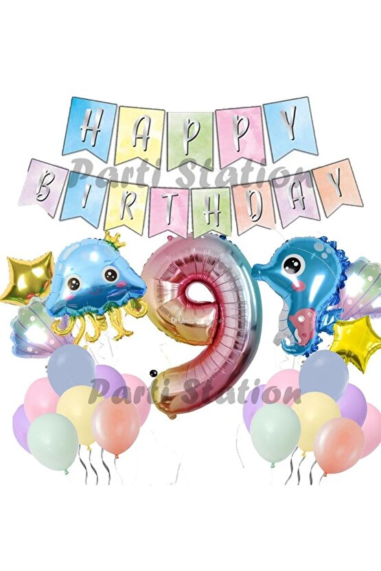 Okyanus Hayvanları Deniz Canlıları 9 Yaş Balon Set Deniz Anası Deniz Atı Happy Birthday Balon Set