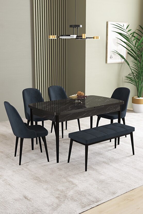 Ikon Siyah Mermer Desen 80x132 Mdf Açılabilir Yemek Masası Takımı 4 Sandalye, 1 Bench