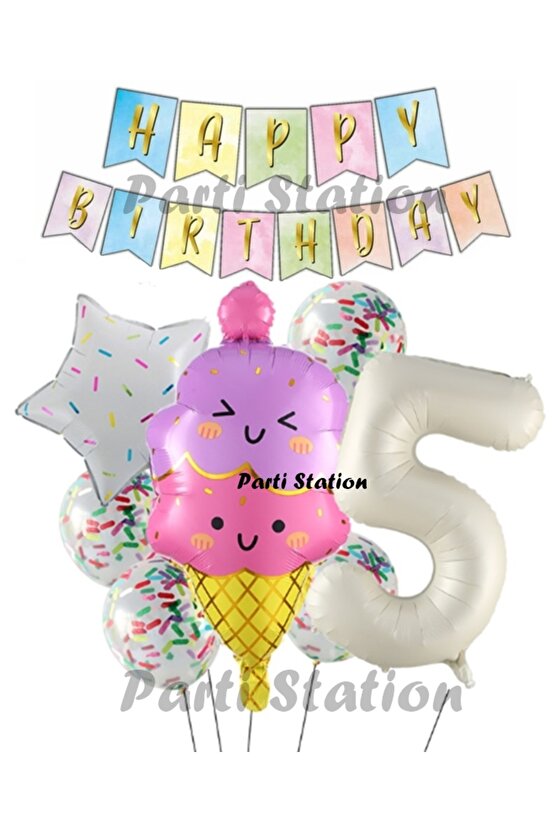 İce Cream Dondurma Konsept Doğum Günü 5 Yaş Balon Set Yaz Tema Sevimli Dondurma Folyo Balon Set