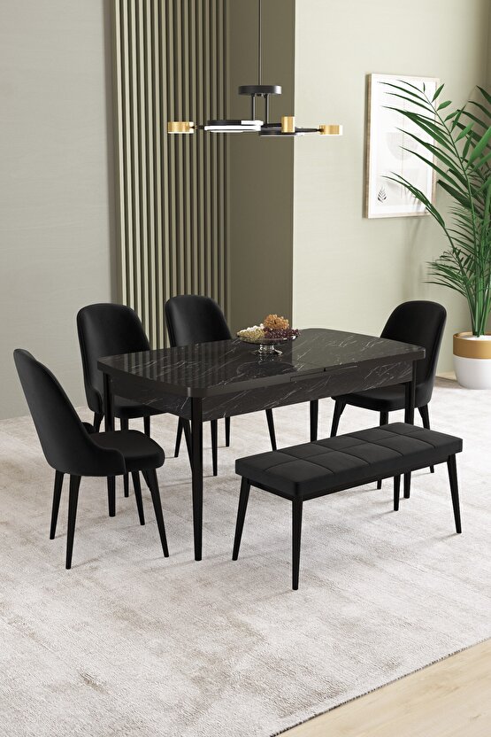 Ikon Siyah Mermer Desen 80x132 Mdf Açılabilir Yemek Masası Takımı 4 Sandalye, 1 Bench