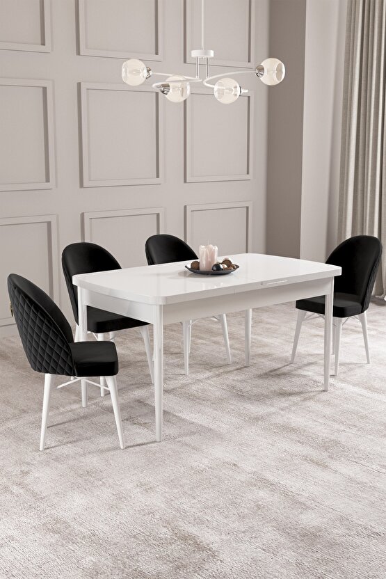 Calvin Beyaz 80x132 Mdf Açılabilir Mutfak Masası Takımı 4 Adet Sandalye