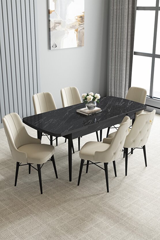 Siyah Mermer Desen 80x132 Açılabilir Yemek Odası Takımı 6 Adet Sandalye