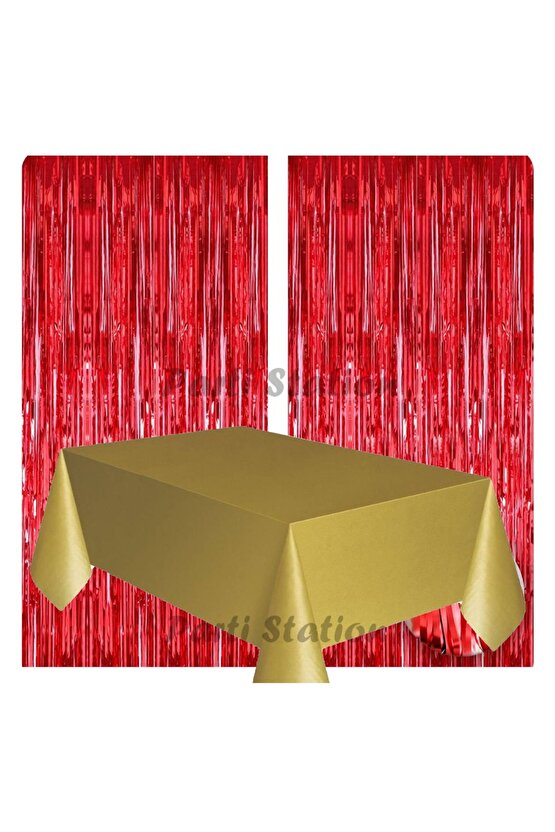 2 Adet Kırmızı Renk Metalize Arka Fon Perdesi ve 1 Adet Plastik Gold Altın Renk Masa Örtüsü Set