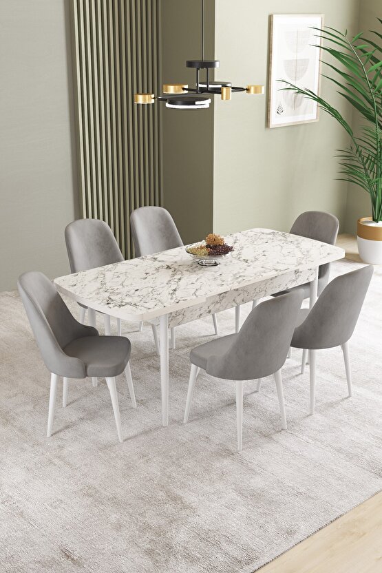 Ikon Beyaz Mermer Desen 80x132 Mdf Açılabilir Yemek Masası Takımı 6 Adet Sandalye