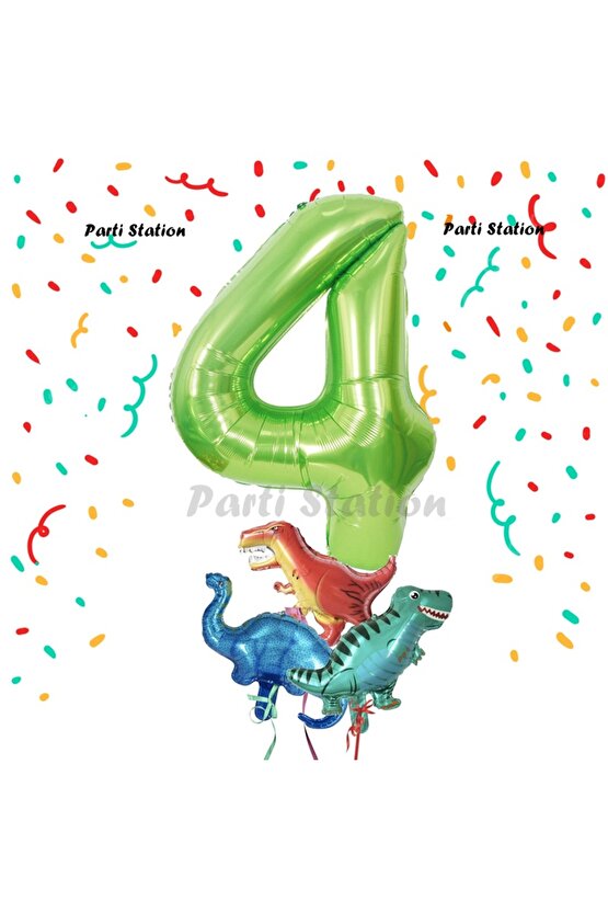 Yeşil Renk Rakam Balonlu Küçük Boy Dinozor Balonlu 4 Yaş Dinozor Konsept Doğum Günü Parti Balon Set
