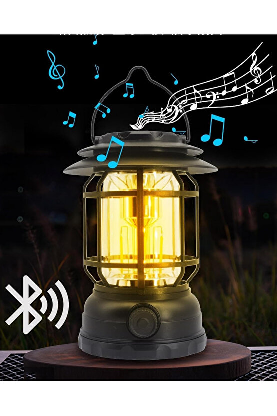 USB Şarjlı LED Kamp Lambası - Portatif Bluetooth Müzik Çalar ve Kamp Işığı El Feneri