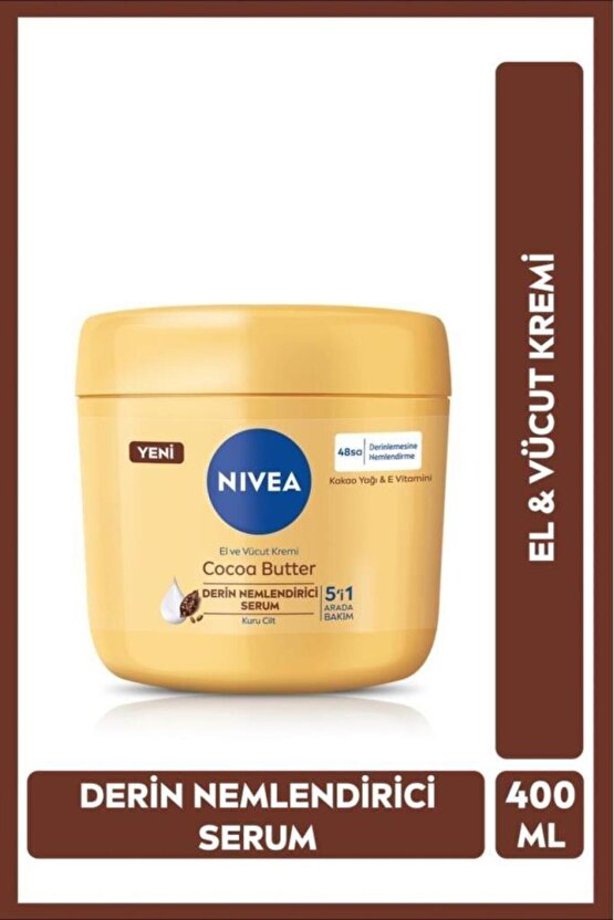 El Ve Vücut Bakım Kremi Cocoa Butter 400ml, 48 Saat Nemlendirici Serum, E Vitamini, Kakao Yağı