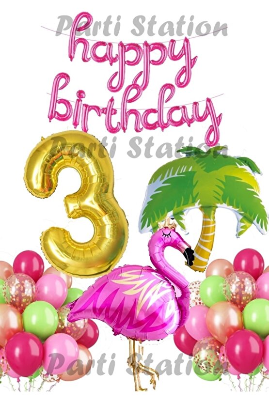 Tropikal Konsept Parti Flamingo 3 Yaş Doğum Günü Balon Seti Yaz Temalı Tropikal Flamingo Parti