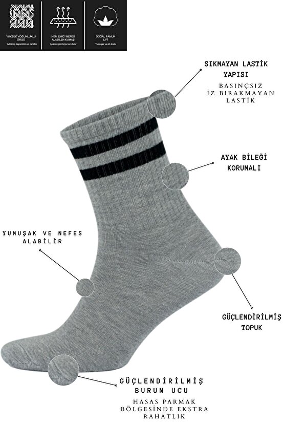 Erkek Kadın (6 ÇİFT) Çizgili Kolej Tenis Çorabı Pamuklu Terletmez Çorap