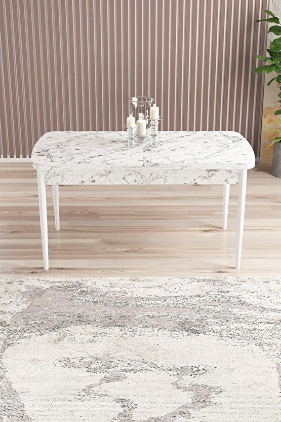 Beyaz Mermer Desen 80x132 Açılabilir Mutfak Masası Takımı 4 Adet Sandalye