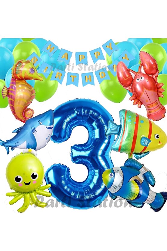 Büyük Boy Balonlu Okyanus Hayvanları 3 Yaş Doğum Günü Balon Set Deniz Canlıları Balon Set