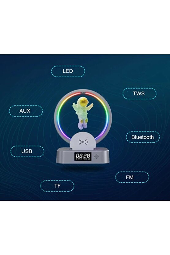 Bluetooth Hoparlör Sd Kart Usb Fm Radyo 5w Kablosuz Şarj Çalar Saat Gece Lambası Ambians Led Işık