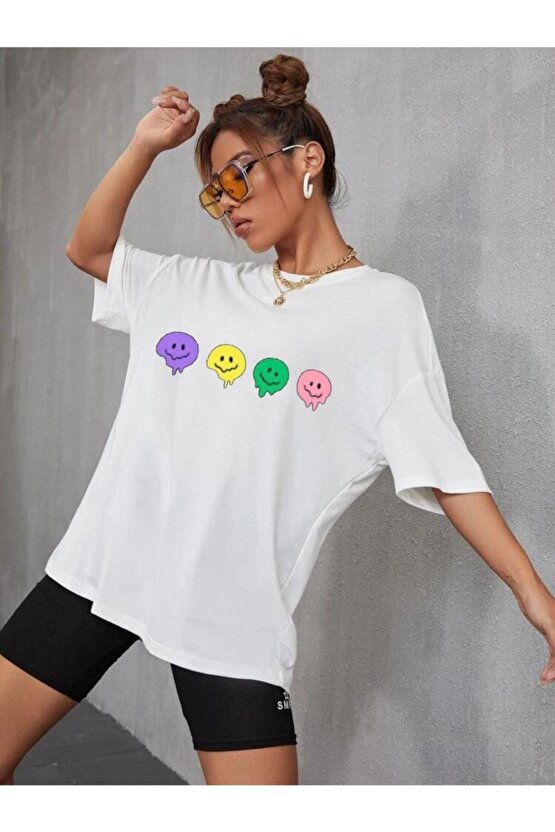 Oversize Unisex Beyaz Emoji Tshirt