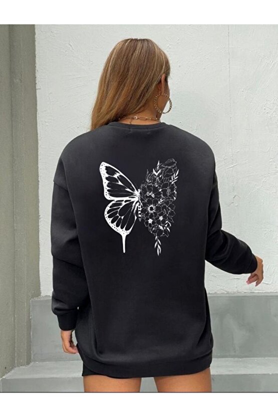 Oversize Çiçekli Kelebek Baskılı Siyah Bisiklet Yaka Sweatshirt