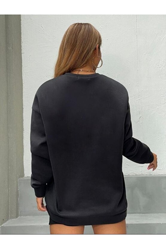 Oversize Siyah Gülücük Baskılı Sweatshirt