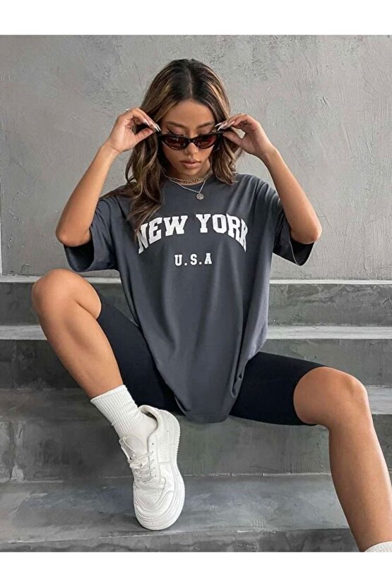 Kadın Oversize New York Baskılı Antrasit Penye Tshirt