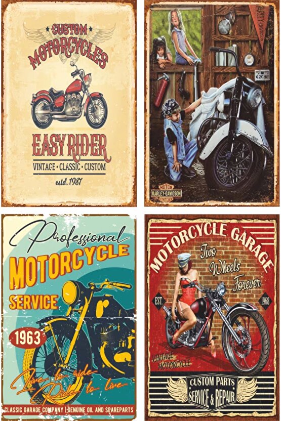 klasik motosiklet poster seti. Route 66 ve pin up kızlarıyla. 24 adet mini retro ahşap poster