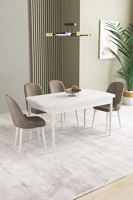 Ikon Beyaz 80x132 Mdf Açılabilir Mutfak Masası Takımı 4 Adet Sandalye