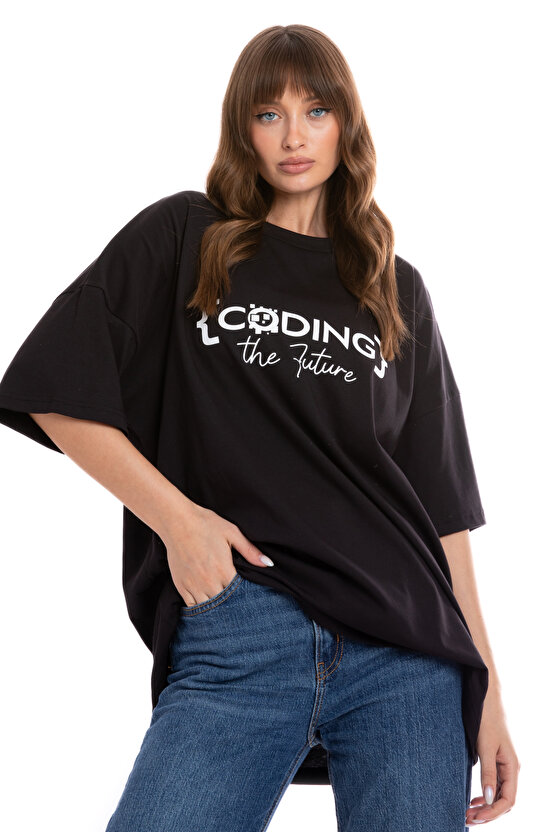 %100 Pamuk Siyah Unisex Oversize Kısa Kollu T-Shirt | Coding The Future