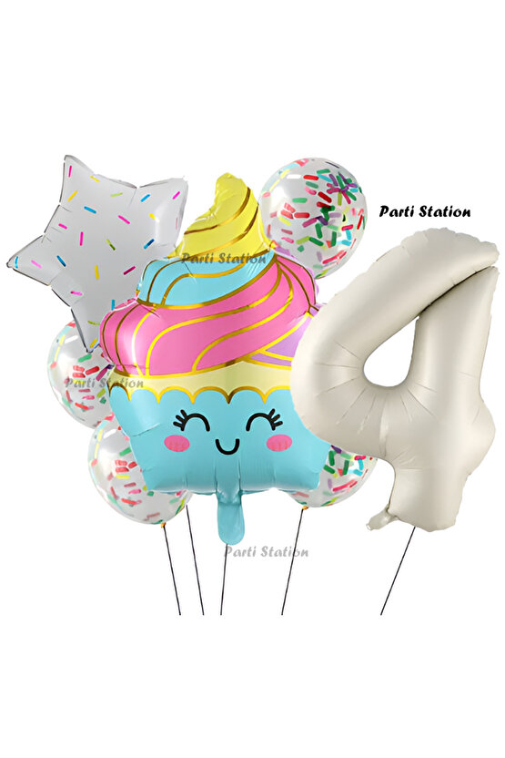 Dondurma Cupcake Konsept 4 Yaş Doğum Günü Balon Set İce Cream Cupcake Şef Tema Doğum Günü Balon Set