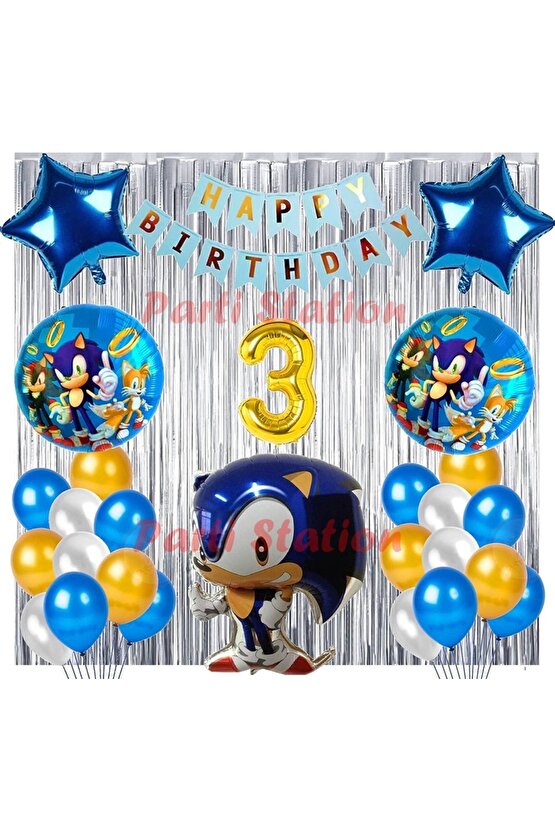 Lacivert Tilki Sonic Boom Konsept 3 Yaş Balon Set Sonic Tema Doğum Günü Arka Fon Süsleme Balonlu Set