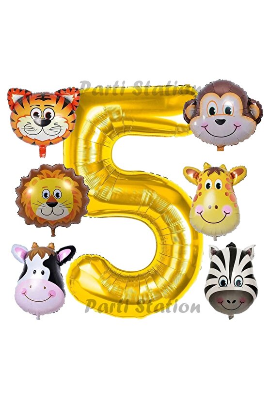 Altın Renk Rakam Balonlu Safari 5 Yaş Doğum Günü Parti Balon Set Safari Hayvanlar Tema Parti Set