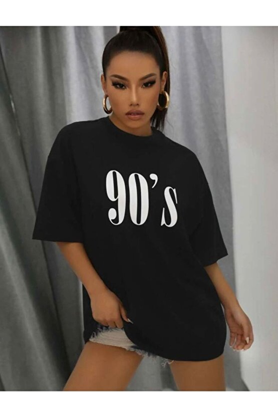 Kadın Oversize 90s Baskılı Siyah Tshirt