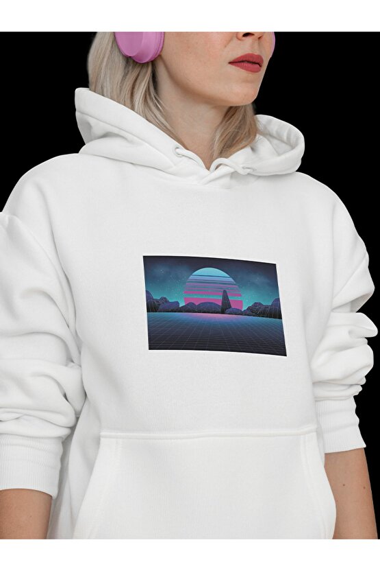 Vapor Wave Şehir Baskılı Tasarım 2 Iplik Şardonlu Beyaz Hoodie Sweatshirt