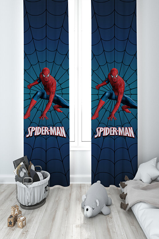 BEBEK VE ÇOCUK ODASI Spider Man Desenli Lacivert 2 Kanat Fon Perde