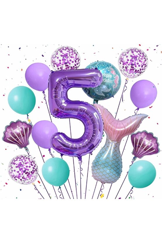 Mor Renk Deniz Kızı Konsept 5 Yaş Rakam Balon Set Deniz Kızı Temalı Doğum Günü Parti Seti