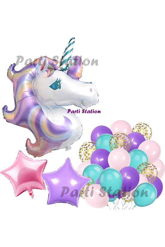 Mor Rakam Balonlu Unicorn Konsept Doğum Günü Balon Set Mor Unicorn Tema Folyo Balon Set