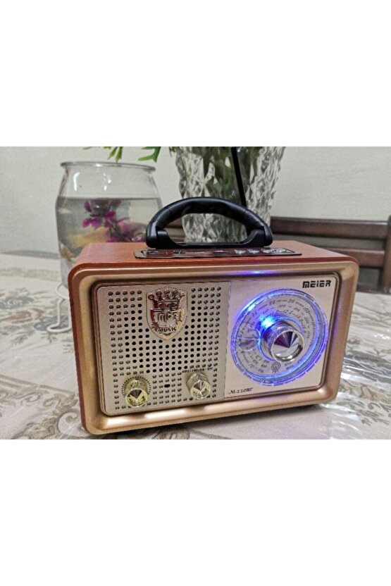 Meier M-110bt Gold Renk Nostaljik Radyo Ahşap Görünümlü Bluetooth Hoparlör Fm Sd Kart Usb Girişi