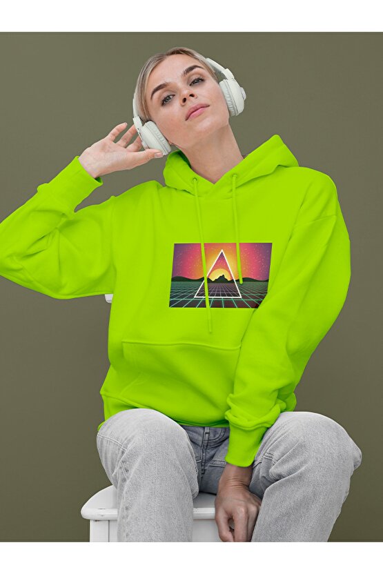 Vapor Wave Renkli Design Baskılı Tasarım 2 Iplik Şardonlu Gri Hoodie Sweatshirt