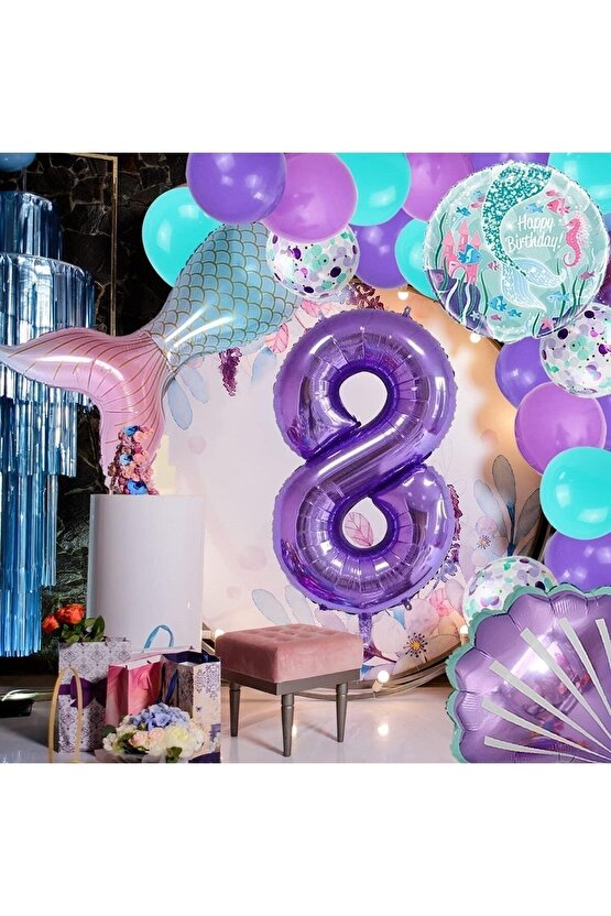 Mor Rakam Balon 8 Yaş Deniz Kızı Temalı Doğum Günü Parti Kutlama Seti Konsept 1