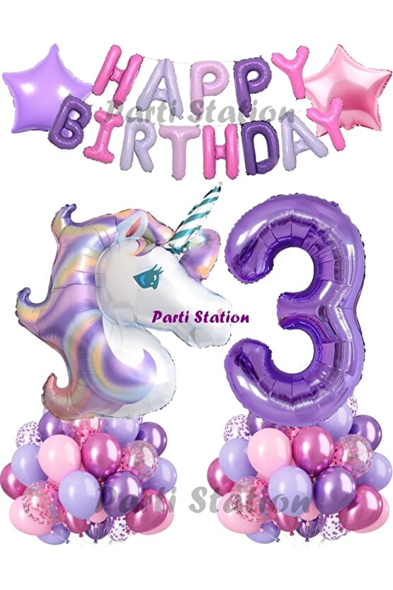 Mor Rakam Balonlu Unicorn Konsept 1 Yaş Doğum Günü Balon Set Happy Birthday Mor Unicorn Tema Set