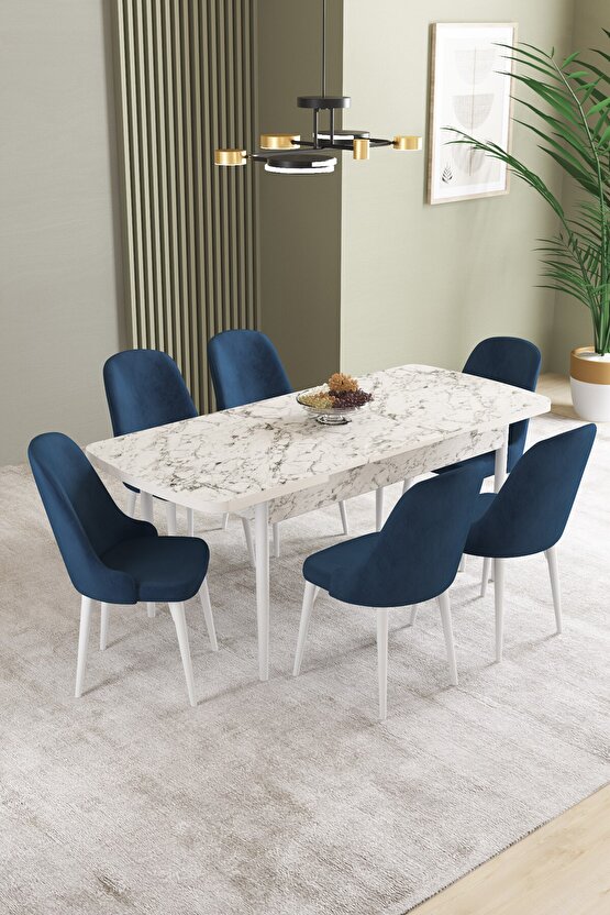 Ikon Beyaz Mermer Desen 80x132 Mdf Açılabilir Yemek Masası Takımı 6 Adet Sandalye