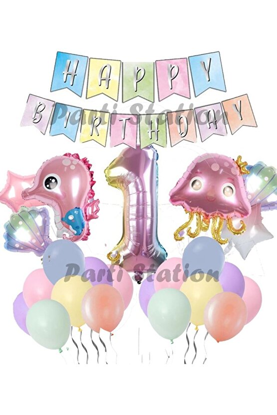 Okyanus Hayvanları Deniz Canlıları 1 Yaş Balon Set Deniz Anası Deniz Atı Happy Birthday Balon Set