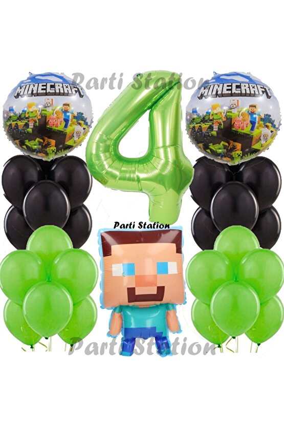 Yeşil Rakam Balonlu Minecraft Konsept Doğum Günü 4 Yaş Balon Set Minecraft Yeşil Siyah Balon Set