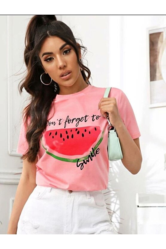 Kadın Oversize Dont Forget To Smile Baskılı Pembe Tshirt