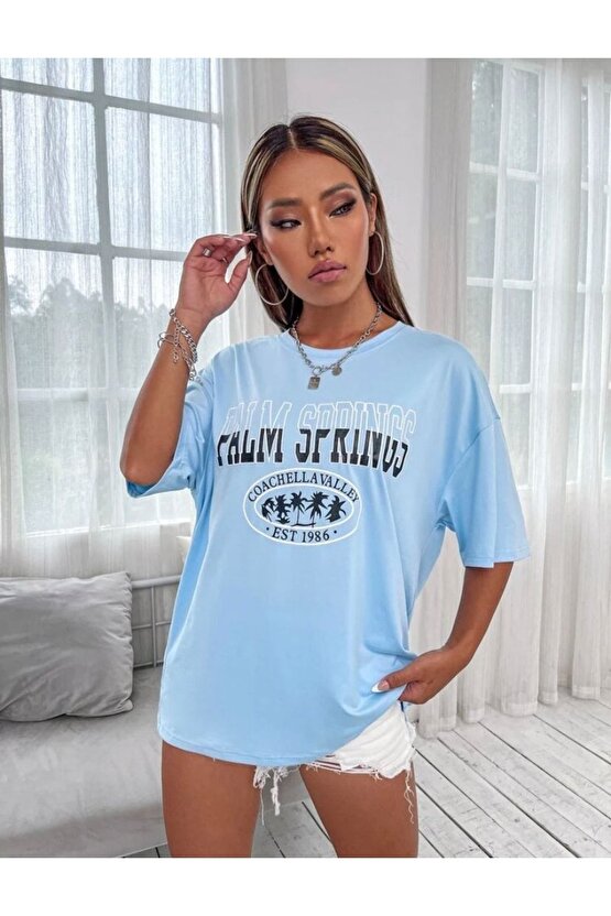 Kadın Oversize Palm Springs Baskılı Bebe Mavisi Tshirt