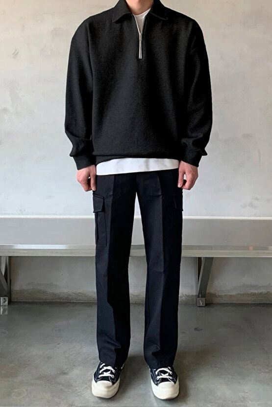 Erkek Polo Yaka Siyah Oversize Sweatshirt