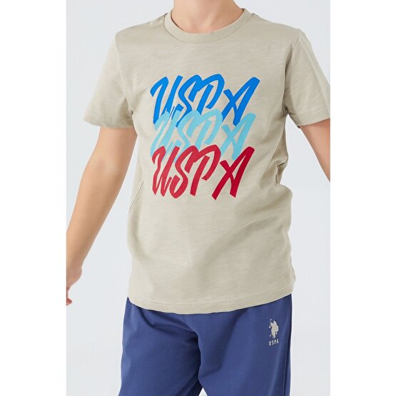 U.s. Polo Assn Writing Açık Haki Erkek Çocuk Kısa Kol Pijama Takım