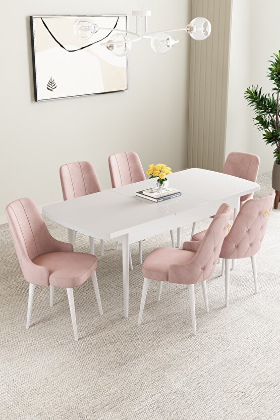 Clara Beyaz 80x132 Açılabilir Mutfak Masası Takımı 6 Adet Sandalye
