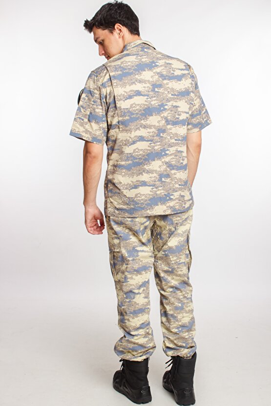 Hava Kuvvetleri Kısa Kollu Cepli Kamuflaj Renkli Gömlek Kargo Cepli Kamuflaj Pantolon Alt Üst Takım