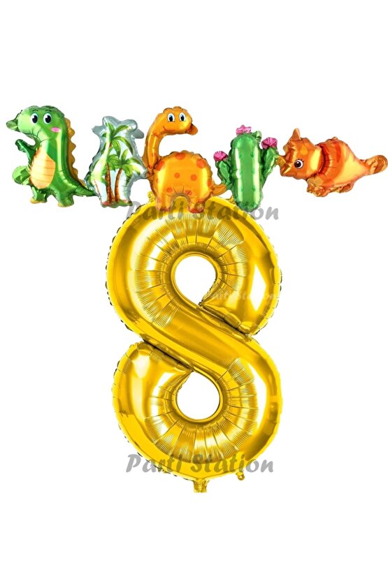 Altın Renk Rakam Balonlu Dinozor 8 Yaş Doğum Günü Parti Yapışık Balon Set Dinozor Tema Parti Set