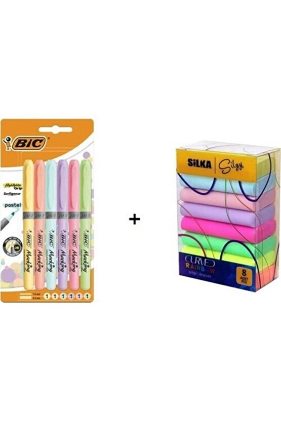 992561 Fosforlu Kalem Brite Liner Grip Pastel 6lı + Silka Curved Rainbow Neon Pastel Silgi 8li