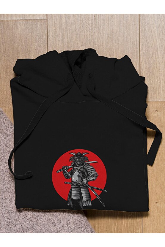 Samurai Baskılı Anime Oversize Siyah 3 Iplik Kalın Sweatshirt Hoodie