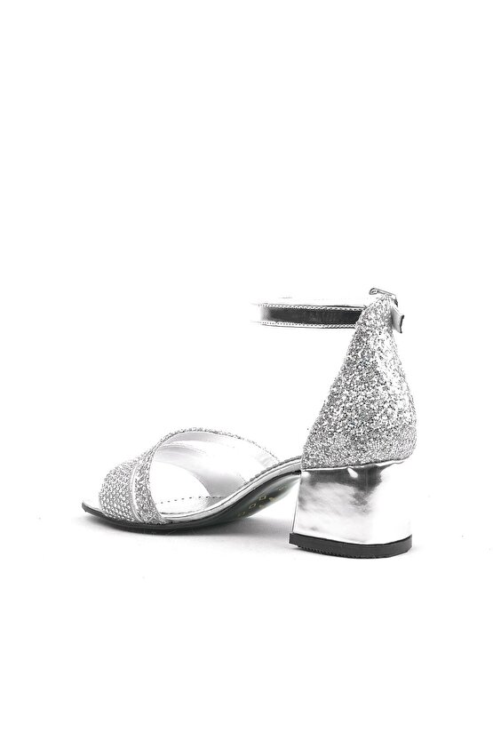 Anna Gümüş Simli Kalın Topuklu Bantlı Kız Çocuk Abiye Ayakkabı