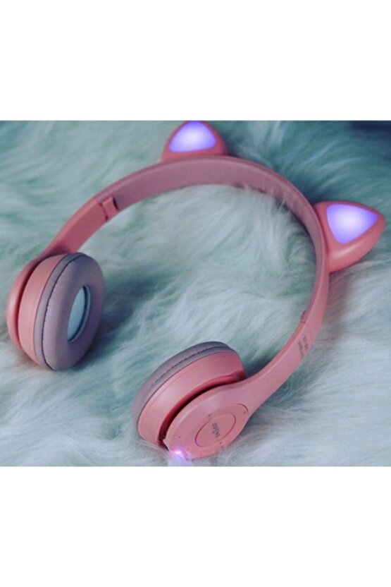 P47m Bluetooth Kedi Kulaklık Katlanabilir Sd Kart Girişli Mikrofonlu Kablosuz Led Işıklı Kulaklık